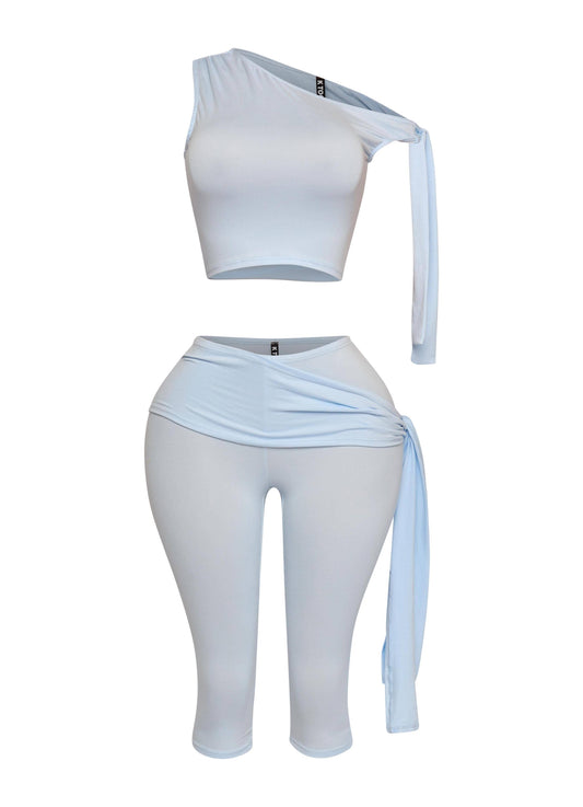 PLUS SIZE One shoulder tied capri leggings set