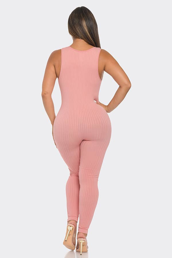 Seamless Ribbed Split V Neck Jumpsuit