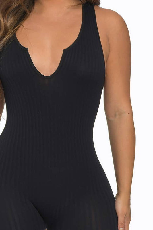 Seamless Ribbed Split V Neck Jumpsuit