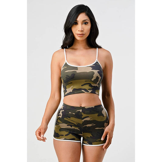 2 Pc Camouflage Strap Top and Shorts set