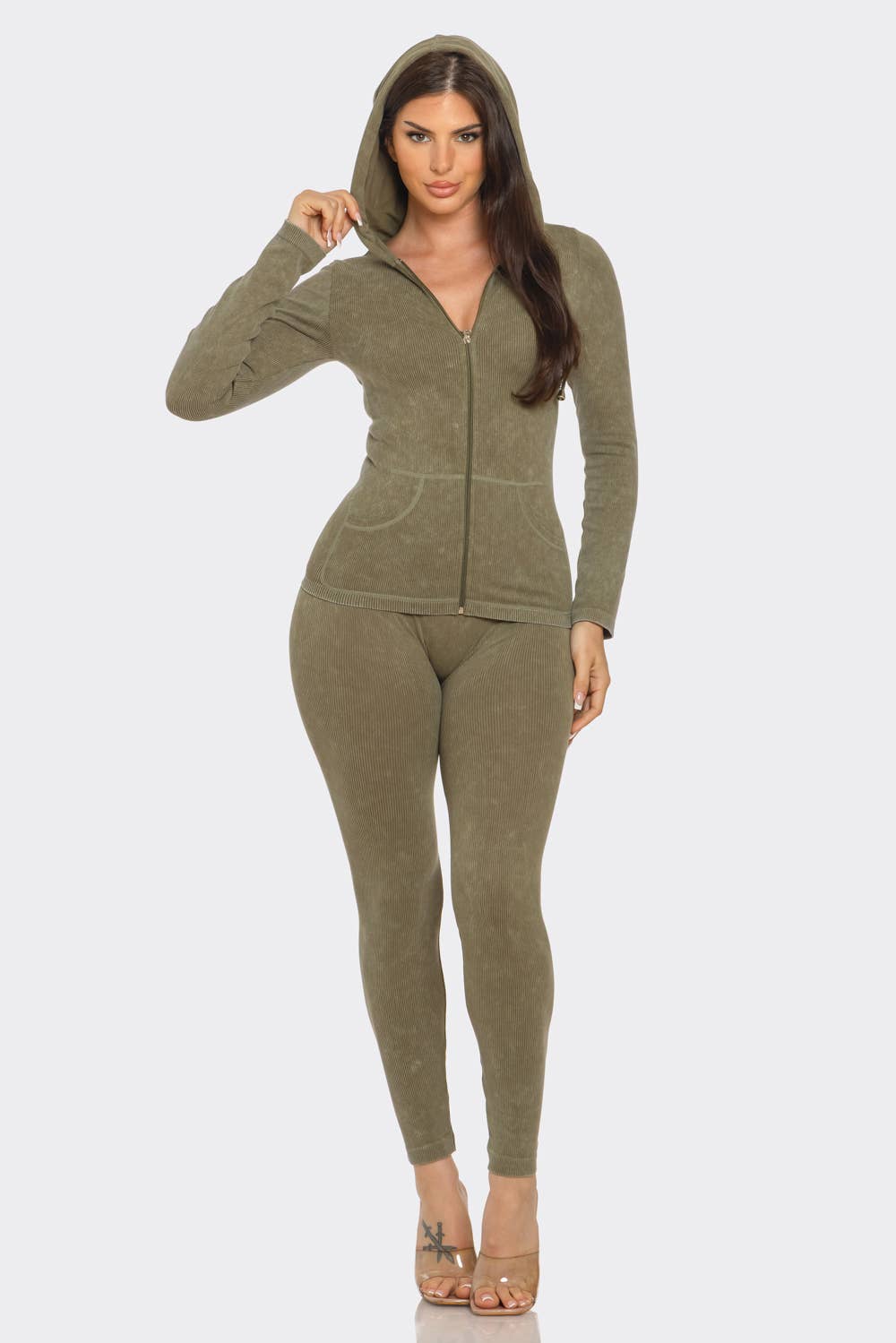 Washed Seamless Rib Zip Up Hoodie Jacket And Leggings Set