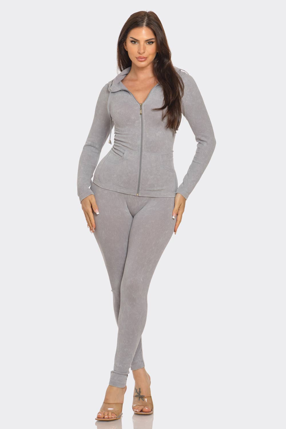 Washed Seamless Rib Zip Up Hoodie Jacket And Leggings Set