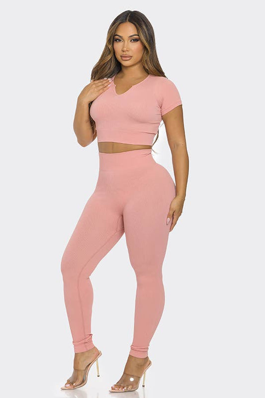 2 Pcs Seamless V Neck Split Neck Top and Legging Set
