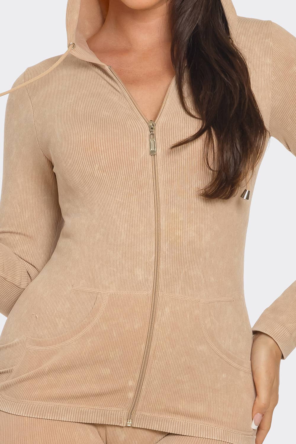 Washed Seamless Rib Zip Up Hoodie Jacket And Leggings Set