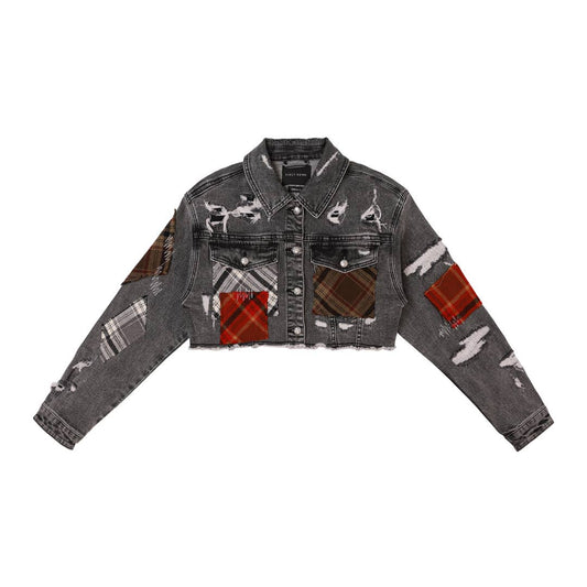 PLAID APPLIQUE DENIM CROP TRUCKER JACKET