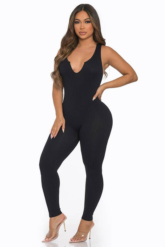 Seamless Ribbed Split V Neck Jumpsuit