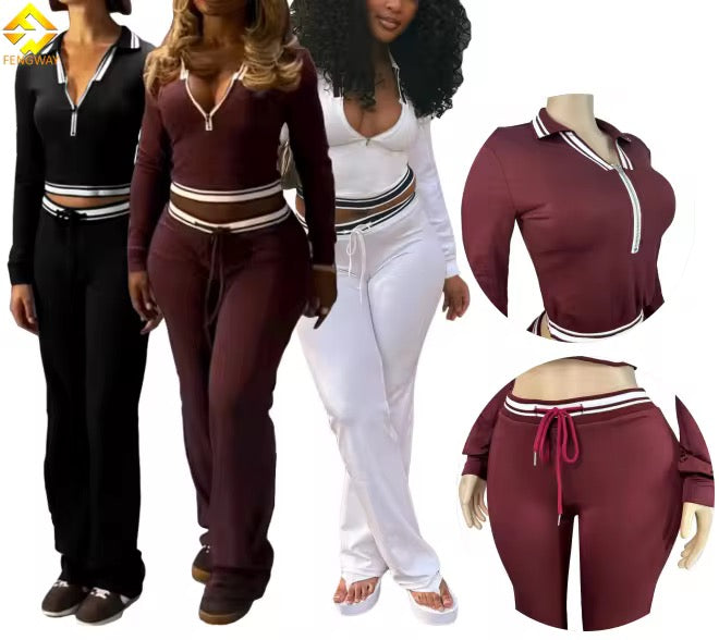 Two-Piece Zip-Up Crop Top and Drawstring Pants Set
