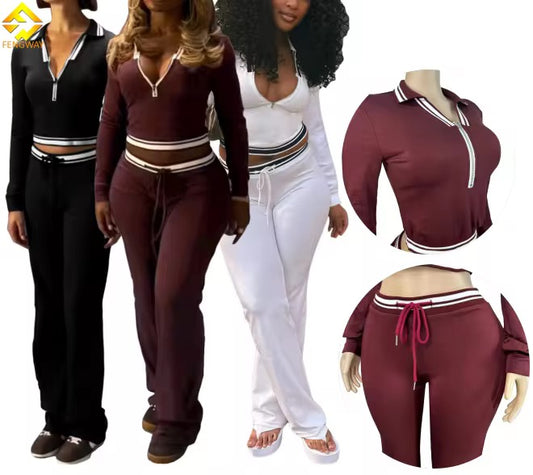 Two-Piece Zip-Up Crop Top and Drawstring Pants Set