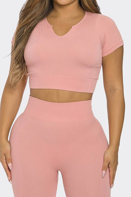 2 Pcs Seamless V Neck Split Neck Top and Legging Set