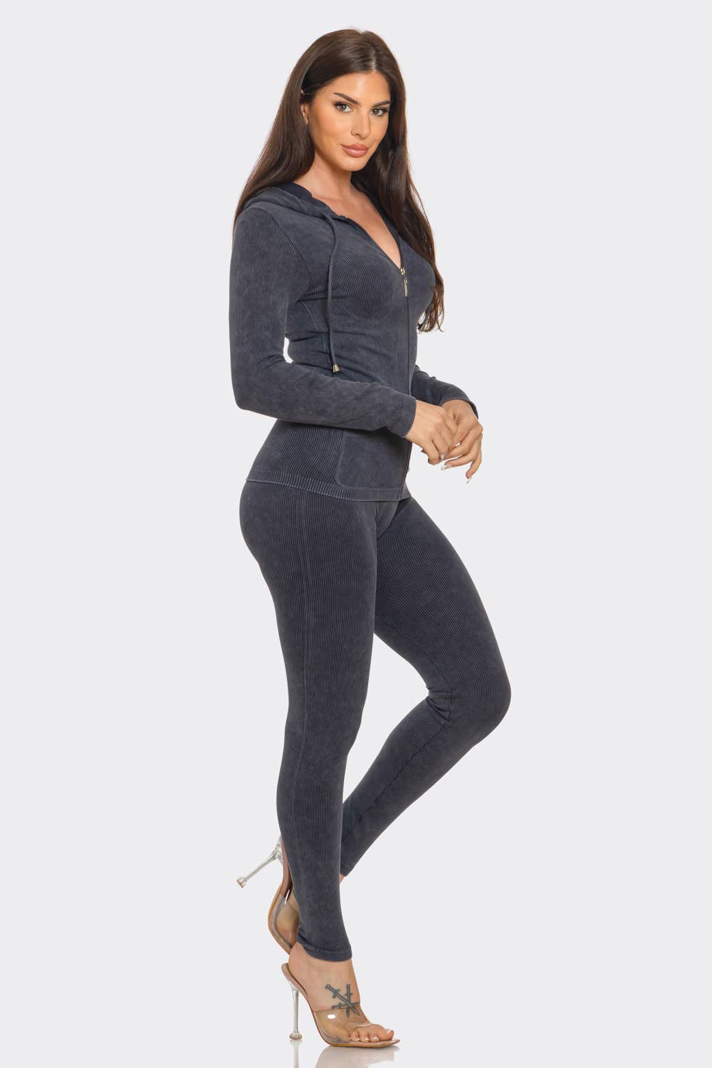 Washed Seamless Rib Zip Up Hoodie Jacket And Leggings Set