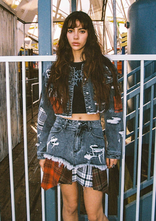 PLAID APPLIQUE POINT CARGO MINI SKIRT