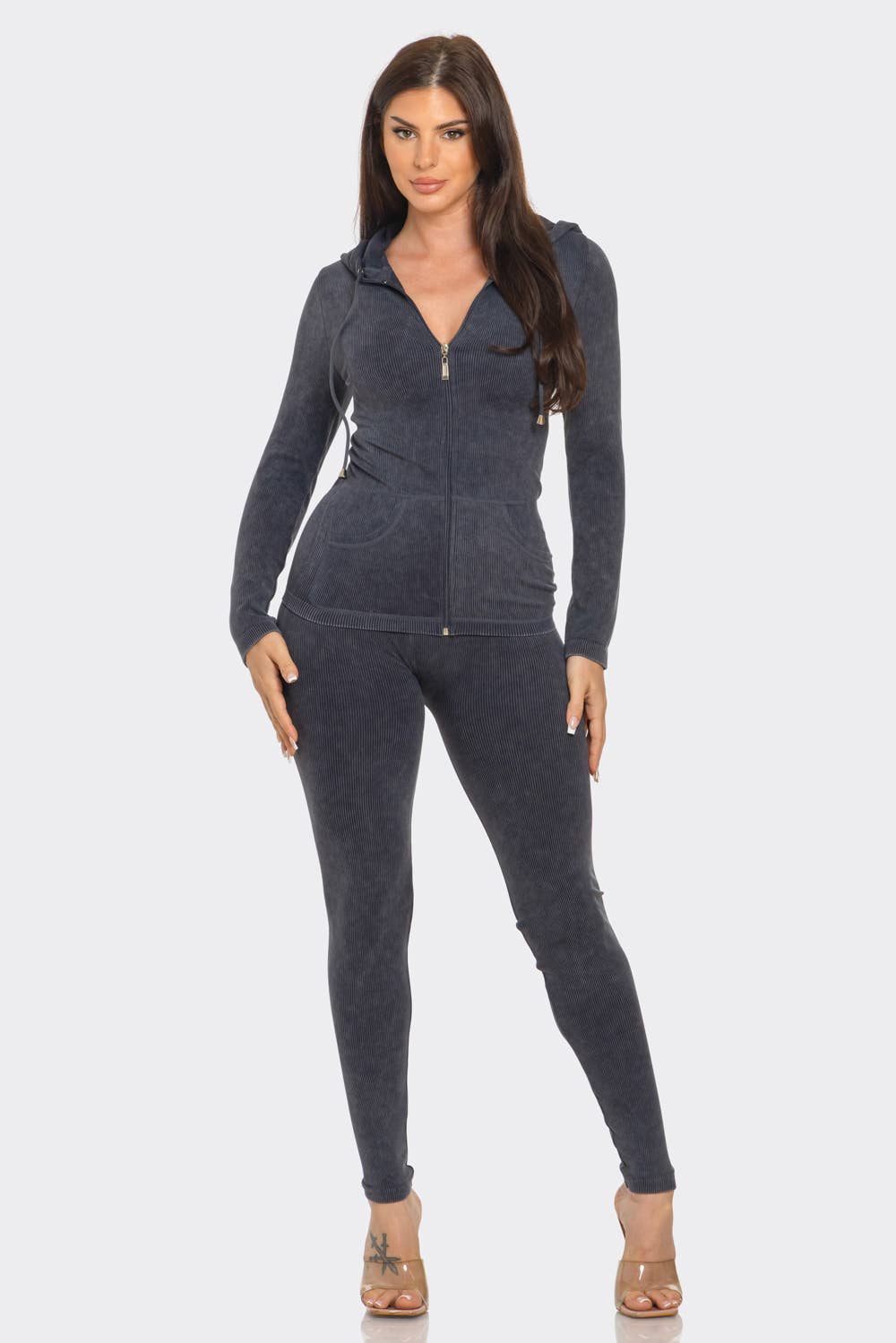 Washed Seamless Rib Zip Up Hoodie Jacket And Leggings Set