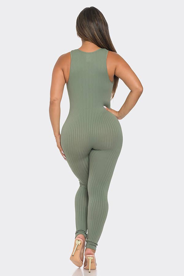 Seamless Ribbed Split V Neck Jumpsuit