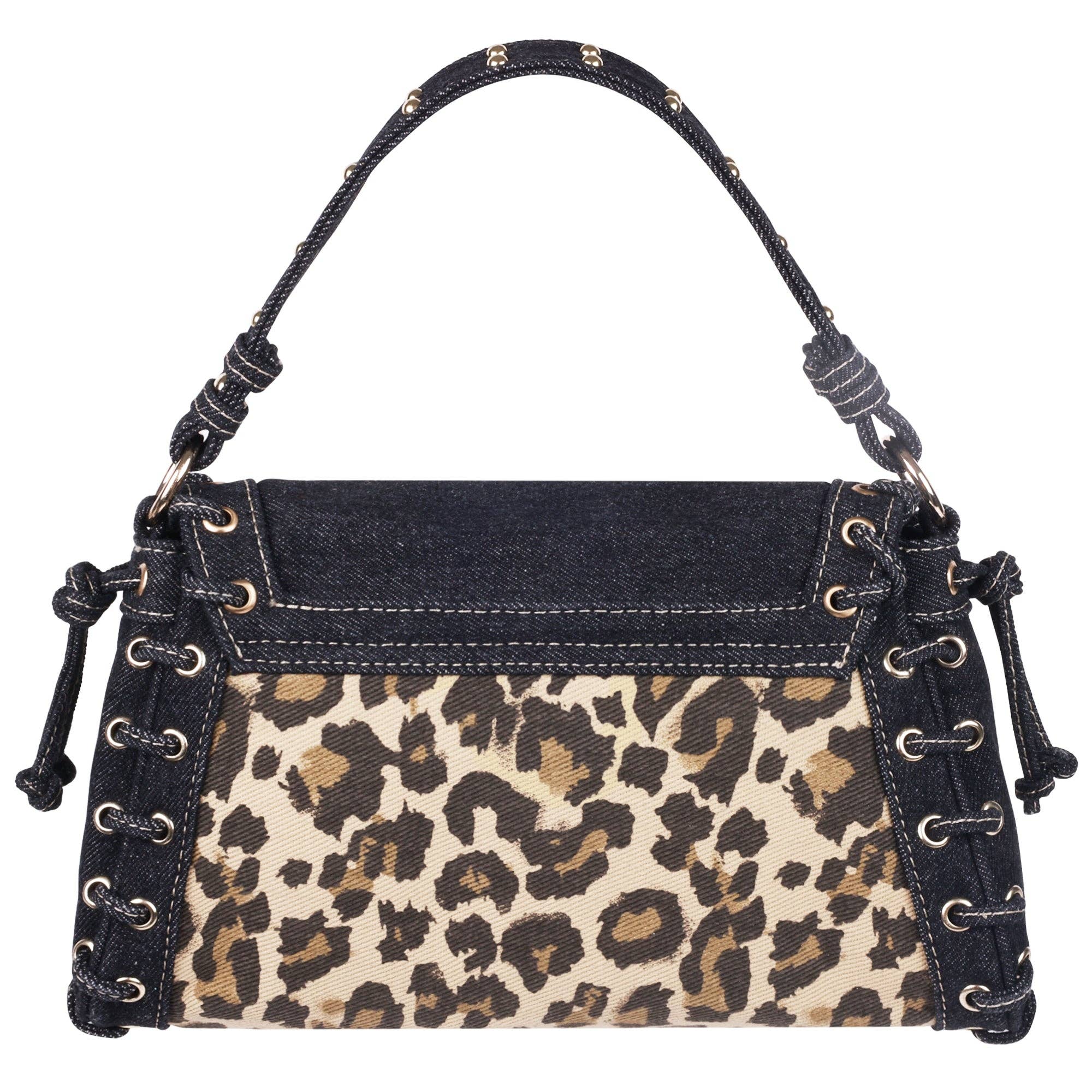 True Religion Denim Leopard Eyelet Trim Flap Bag