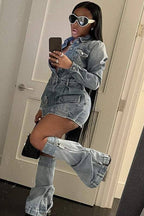 denim mini dress and leg warmers set women denim outfit