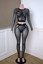 popcorn mesh long sleeve top legging set trendy streetwear