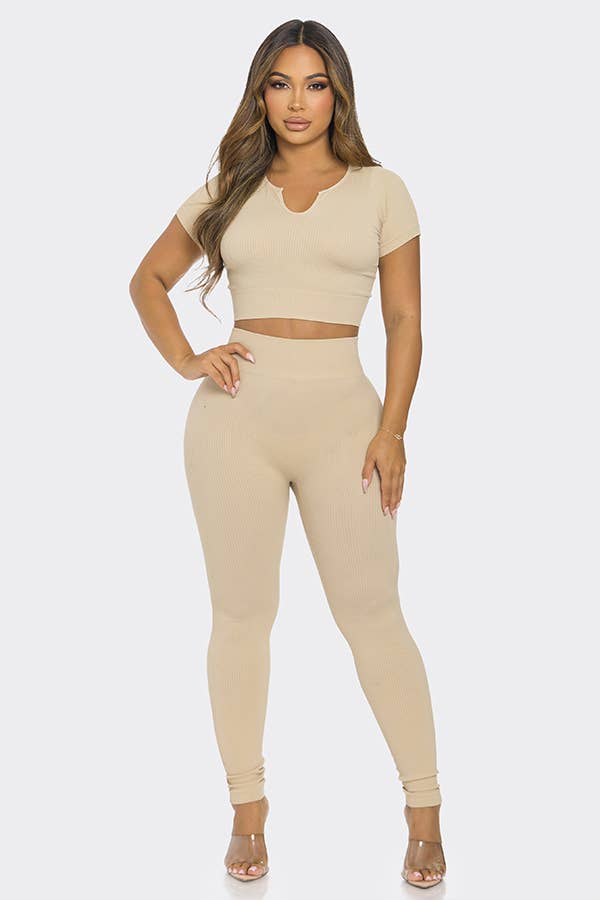 2 Pcs Seamless V Neck Split Neck Top and Legging Set