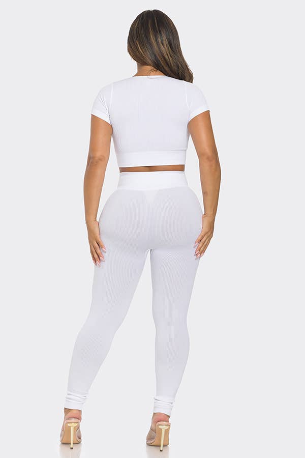 2 Pcs Seamless V Neck Split Neck Top and Legging Set