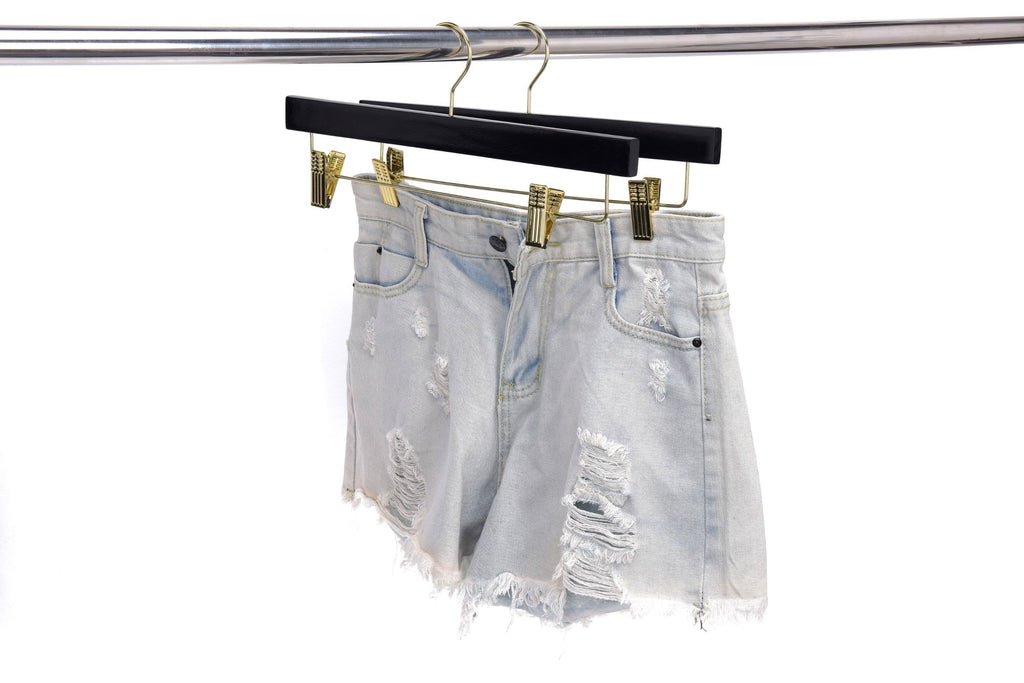 W073 - Wooden Straight Skirt Hangers - Black/Gold hook - 120