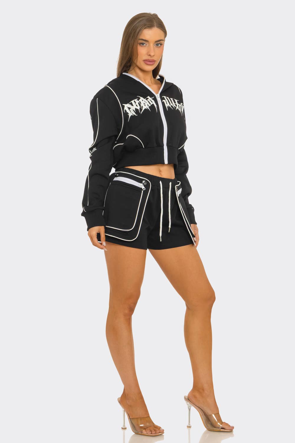Contrast Graphic Cropped Hoodie And detailed Short