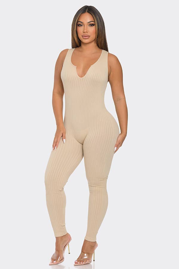 Seamless Ribbed Split V Neck Jumpsuit