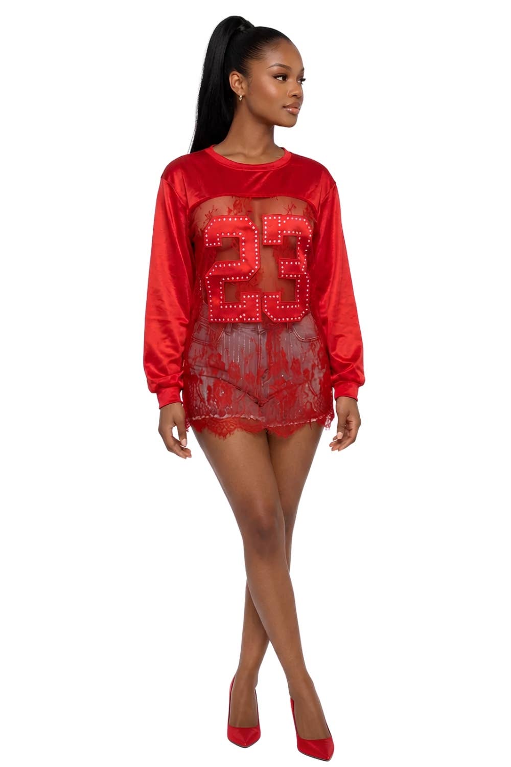 Lace Mesh Patchwork Oversized Jersey Longsleeve Top