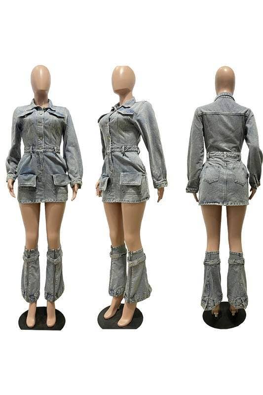 denim mini dress and leg warmers set women casual fashion