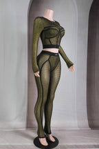 popcorn mesh long sleeve top legging set two piece outfit