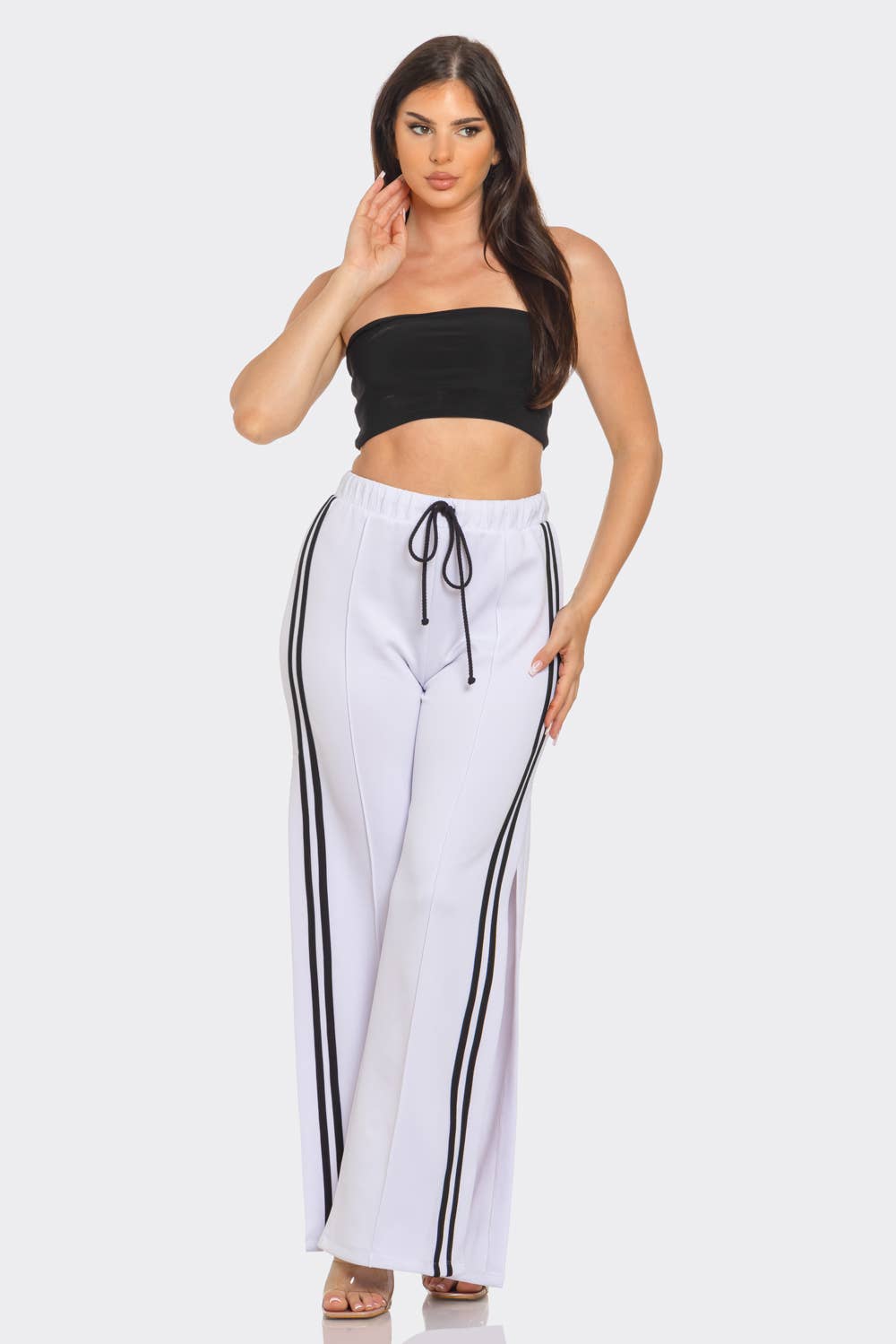 Slit Two White Stripes Flare Pants