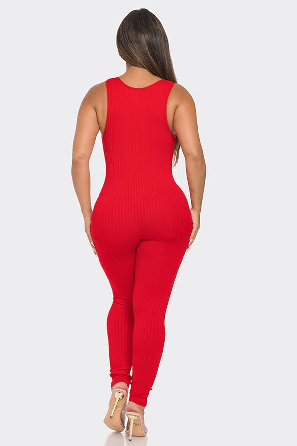 Seamless Ribbed Split V Neck Jumpsuit