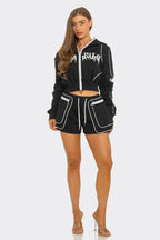 Contrast Graphic Cropped Hoodie And detailed Short