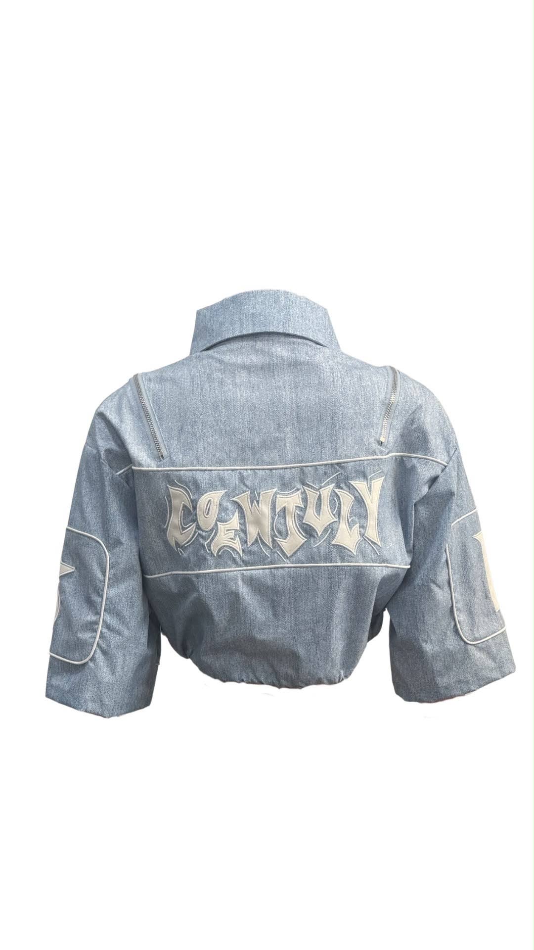 NT1278A Denim Print Fabric Crop Zip Detail Shirt Jacket