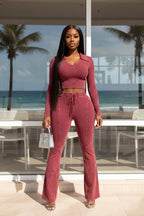 MINERAL WASH CONTRAST COLLARED TOP & PANT SET