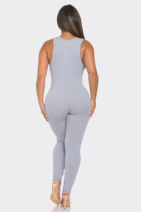 Seamless Ribbed Split V Neck Jumpsuit