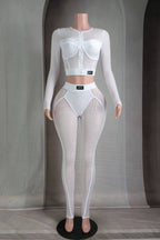 Popcorn Mesh Long Sleeve Top Legging Set – Women’s Two Piece Outfit featuring a white cropped jacket and leggings.