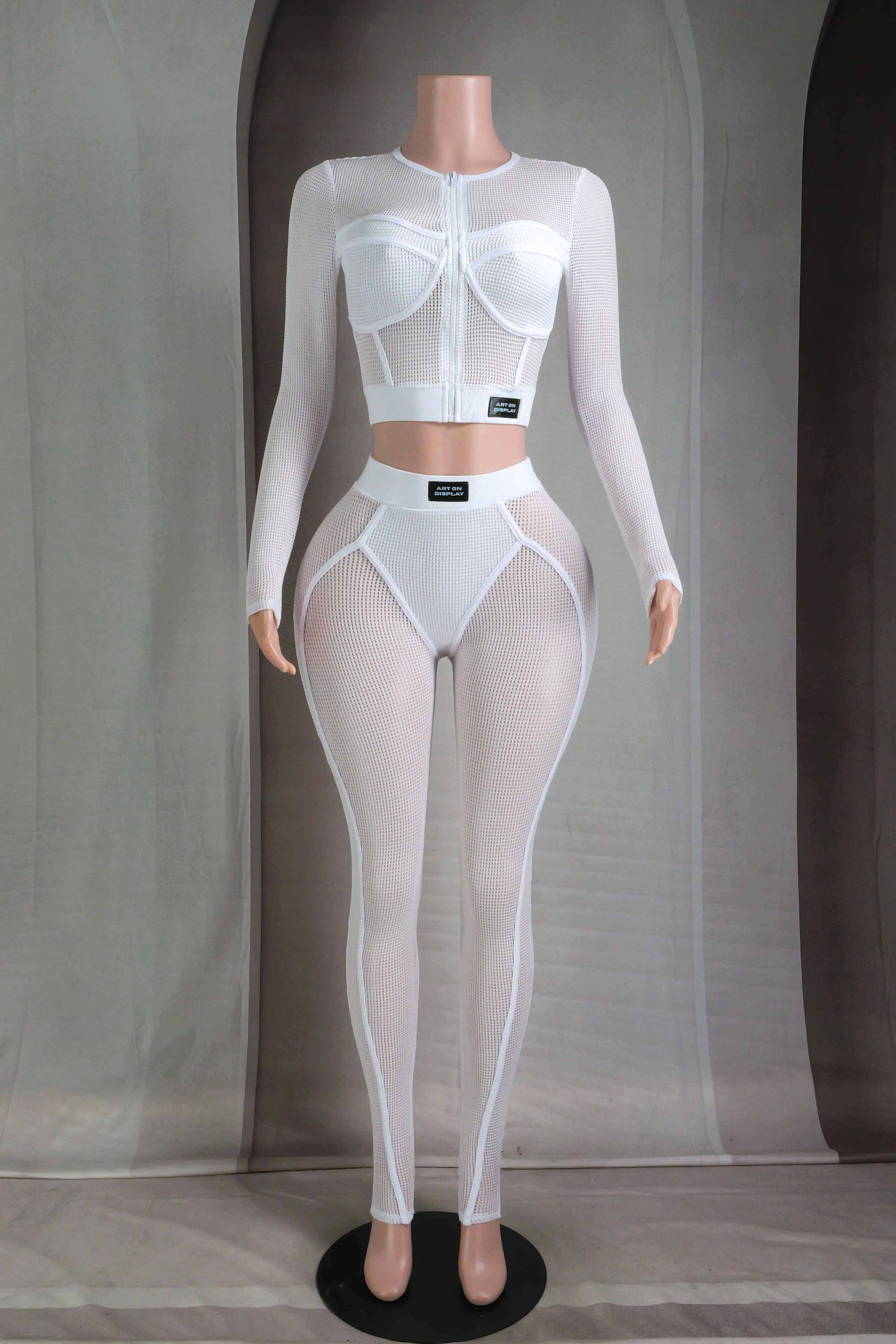 Popcorn Mesh Long Sleeve Top Legging Set – Women’s Two Piece Outfit featuring a white cropped jacket and leggings.