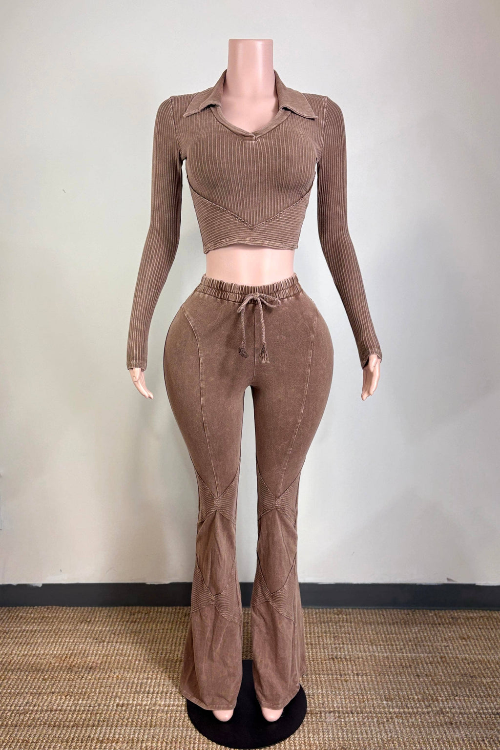 MINERAL WASH CONTRAST COLLARED TOP & PANT SET