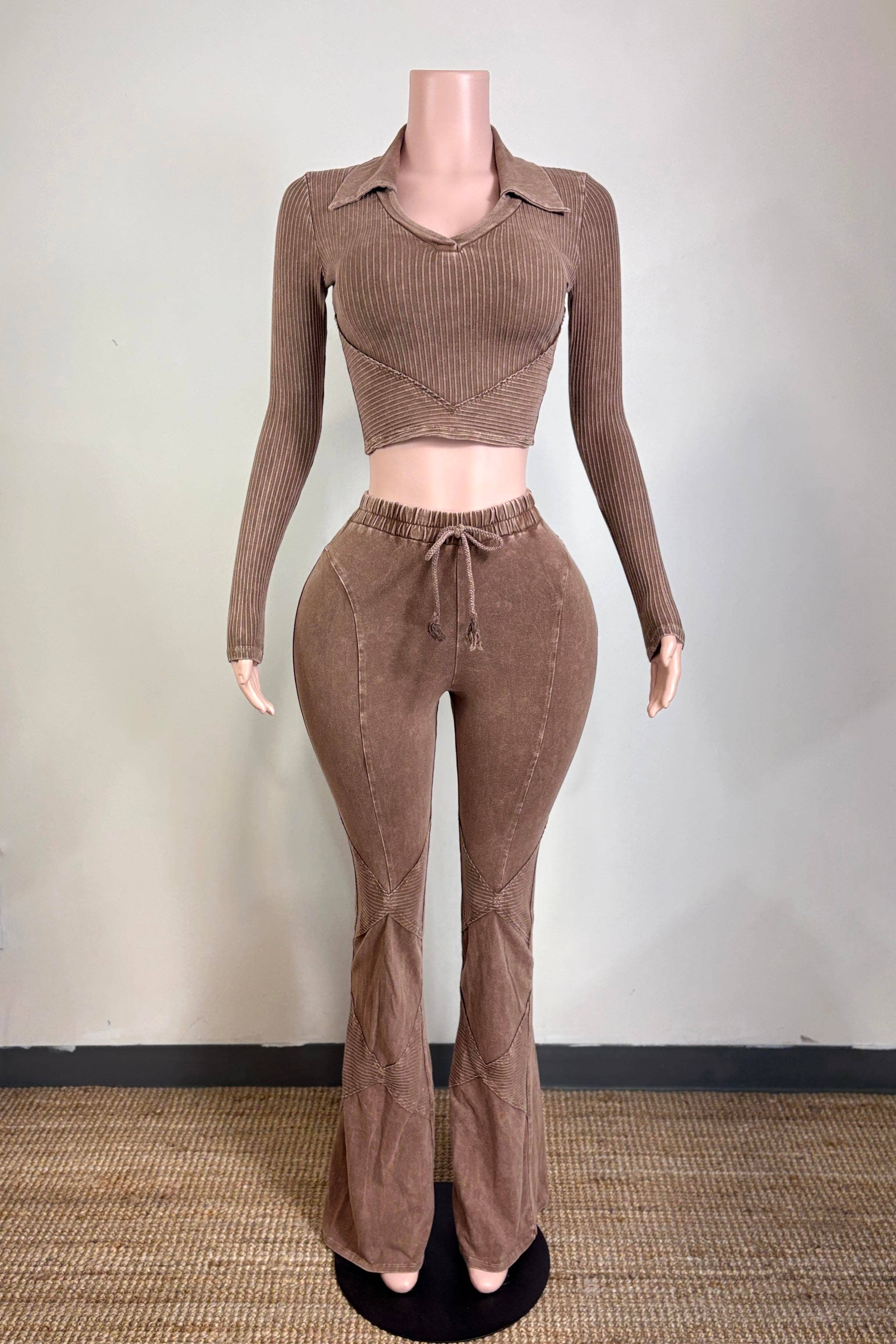 MINERAL WASH CONTRAST COLLARED TOP & PANT SET