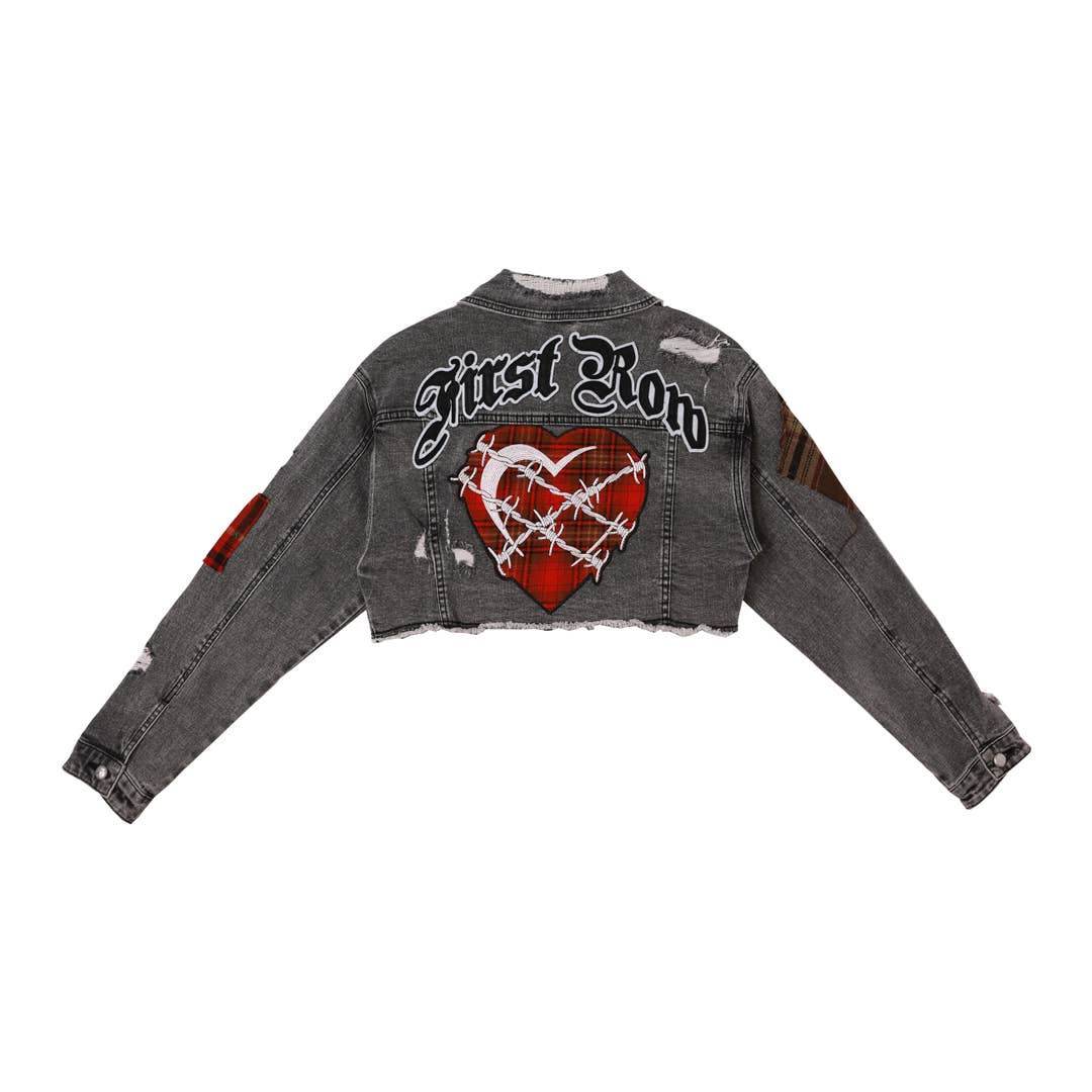 PLAID APPLIQUE DENIM CROP TRUCKER JACKET