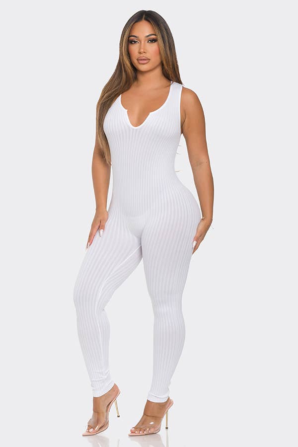 Seamless Ribbed Split V Neck Jumpsuit