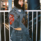 PLAID APPLIQUE DENIM CROP TRUCKER JACKET