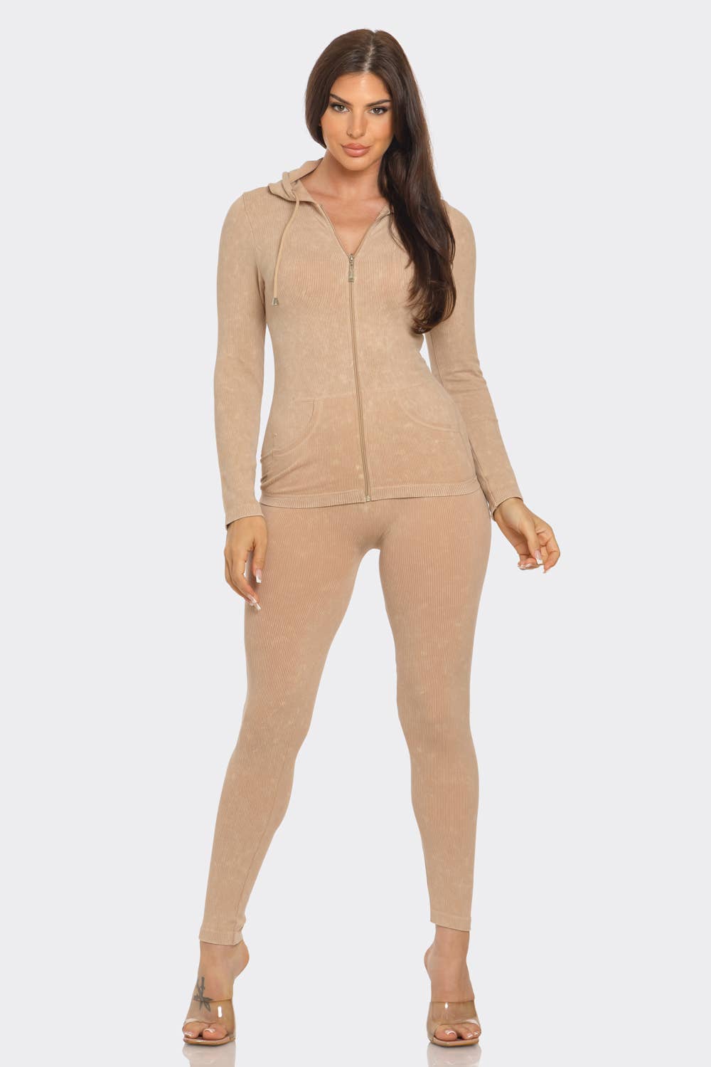 Washed Seamless Rib Zip Up Hoodie Jacket And Leggings Set