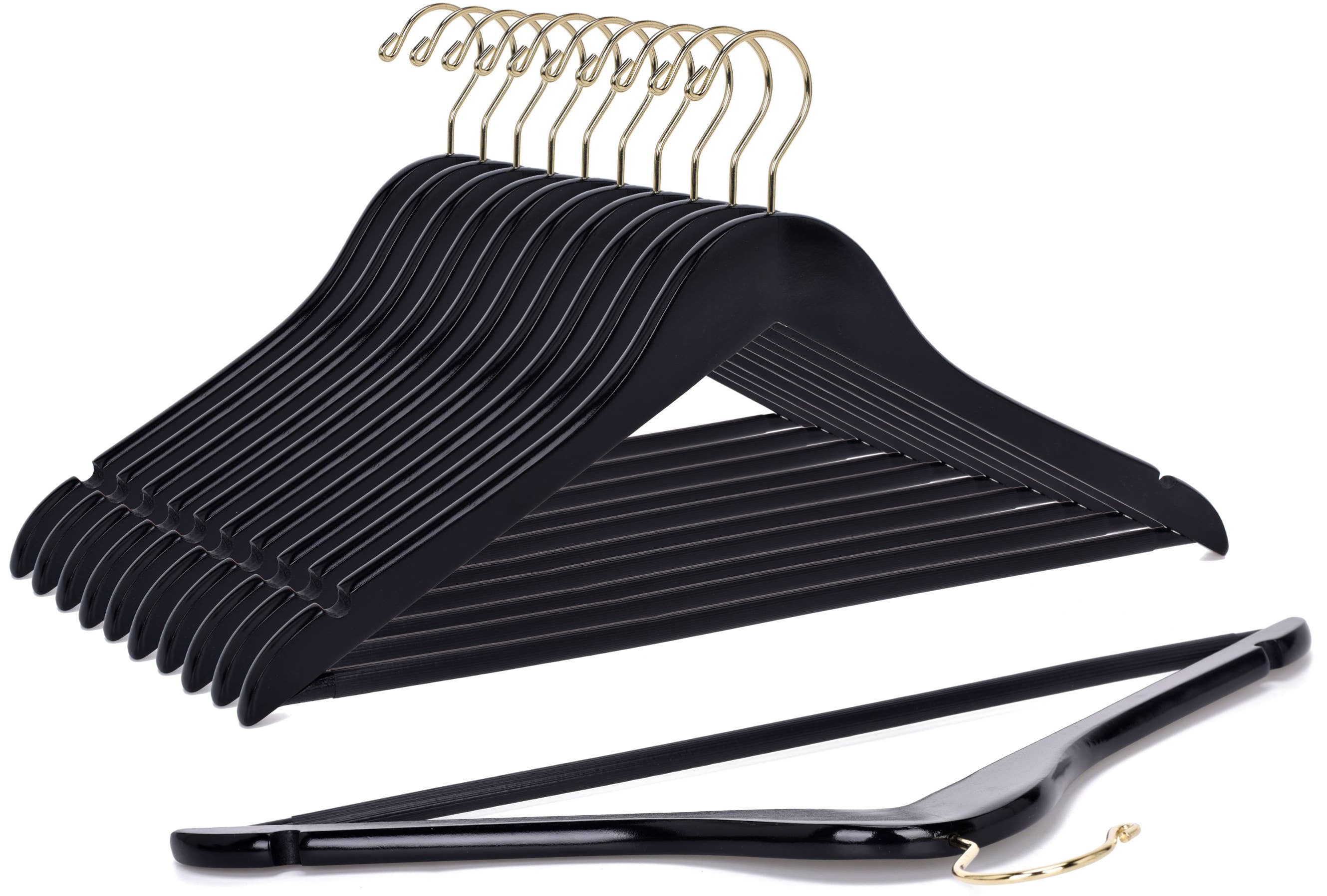 W070-30 Semi Curved Wooden Hangers, 17.5" -Black/Gold Hook