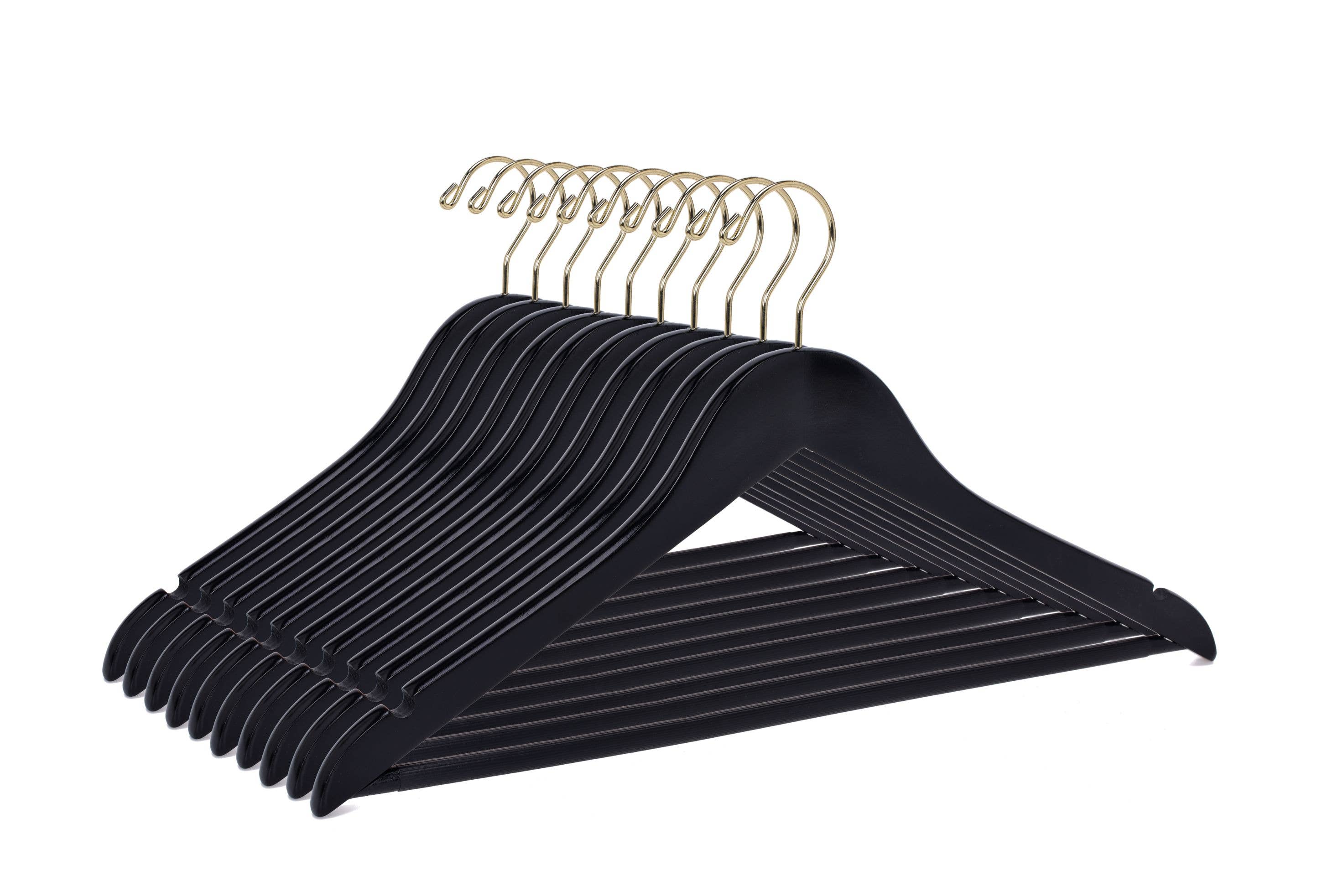 W070-30 Semi Curved Wooden Hangers, 17.5" -Black/Gold Hook