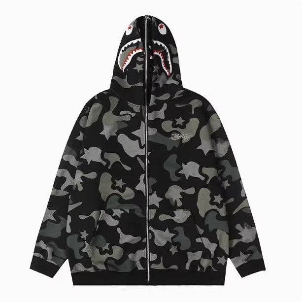 Camo Shark Hoodie for Men and Women paired with jeans