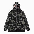Camo Shark Hoodie for Men and Women paired with jeans