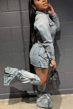 denim mini dress and leg warmers set stylish women fashion