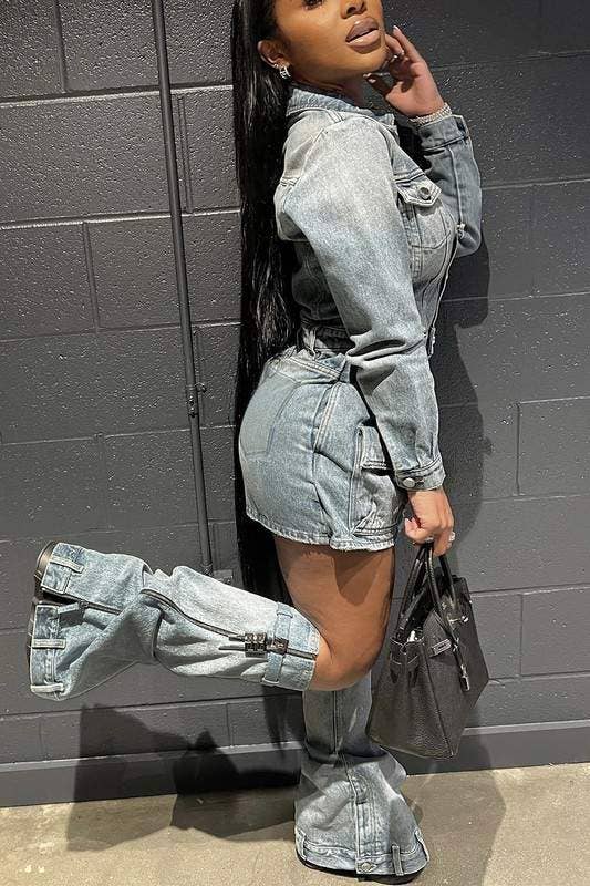 denim mini dress and leg warmers set stylish women fashion
