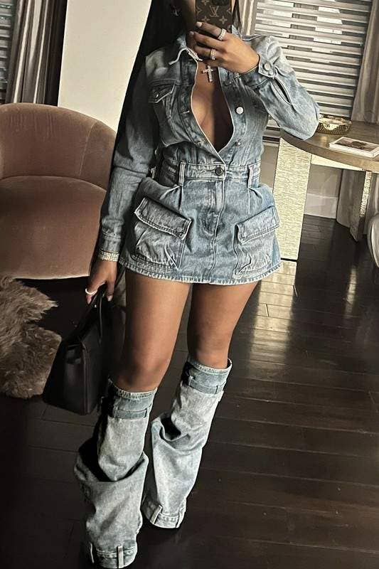denim mini dress and leg warmers set trendy streetwear outfit