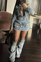 denim mini dress and leg warmers set trendy streetwear outfit